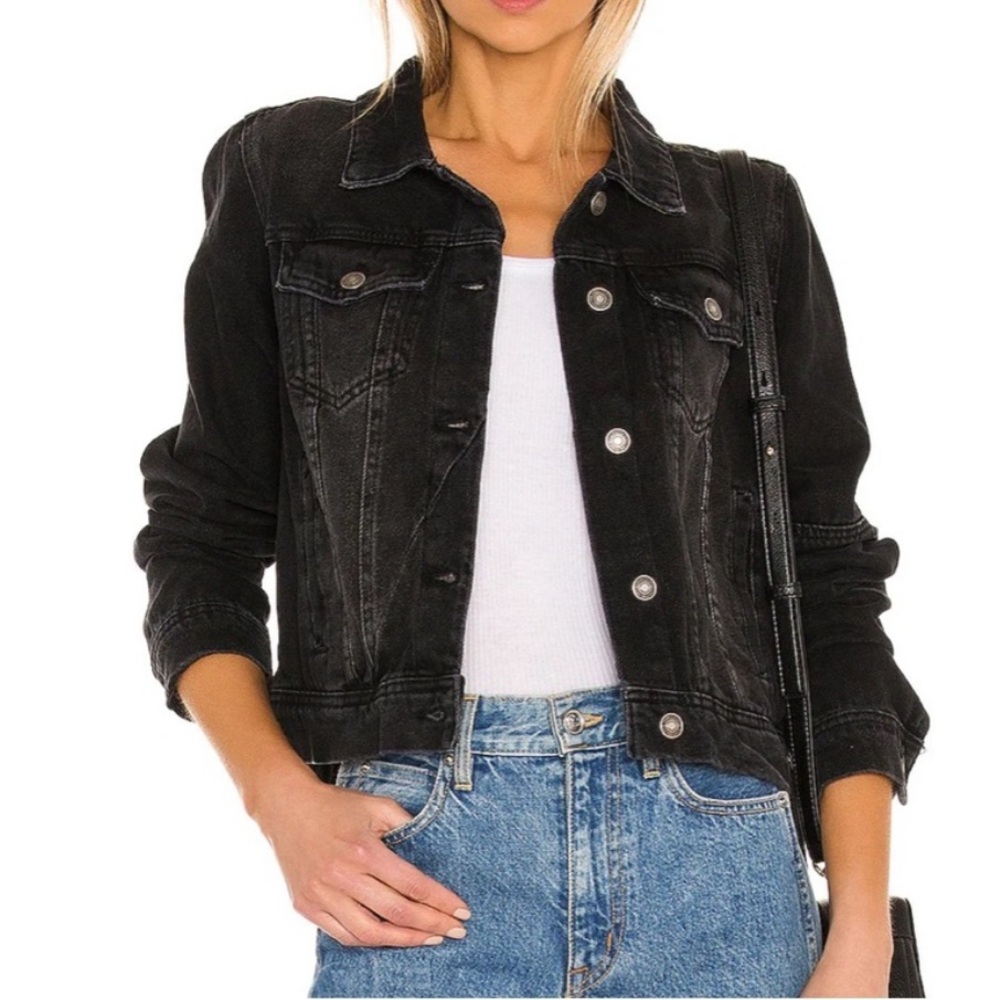 We The Free Rumors Black Denim Jacket Free People Washed Cropped Trucker Jean - Picture 1 of 8